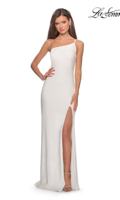 A woman wears the La Femme One-Shoulder Long Formal Dress 28176 with a thigh-high slit and nude heels, standing against a plain background.