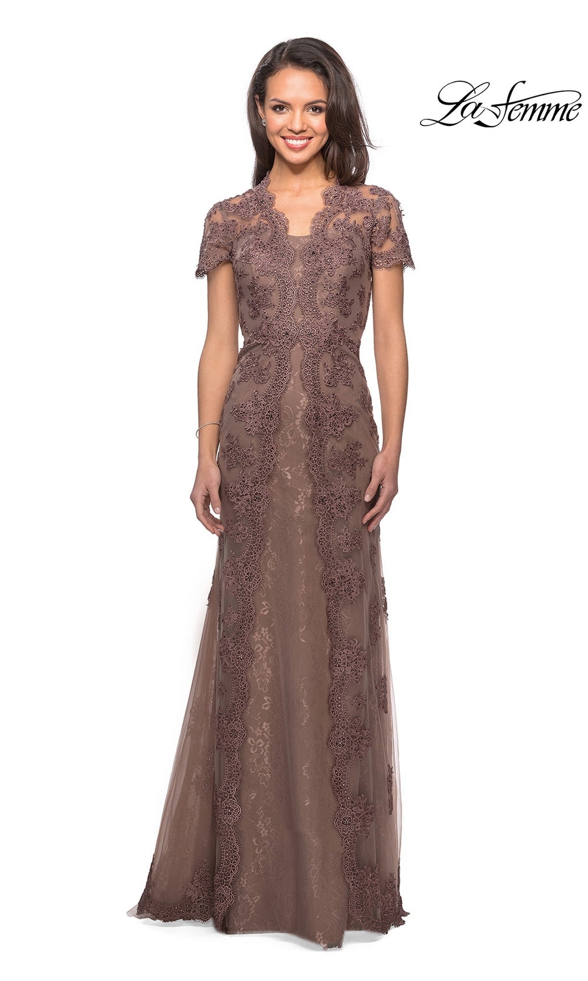 Cocoa-colored La Femme 28195 floor-length gown with short sleeves and intricate scalloped lace detailing, perfect as a mother-of-the-groom dress.