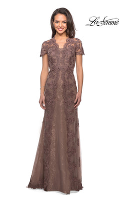 Cocoa-colored La Femme 28195 floor-length gown with short sleeves and intricate scalloped lace detailing, perfect as a mother-of-the-groom dress.