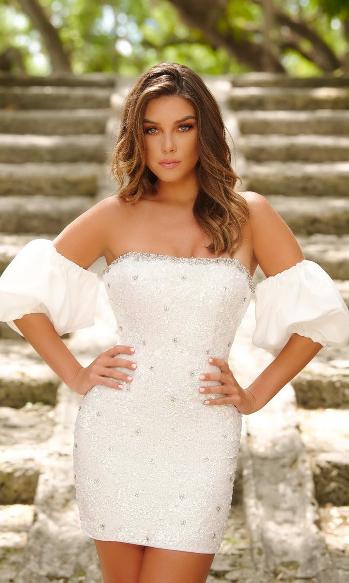 Short Sequin Homecoming Dress with Puff Sleeves Off White / 12