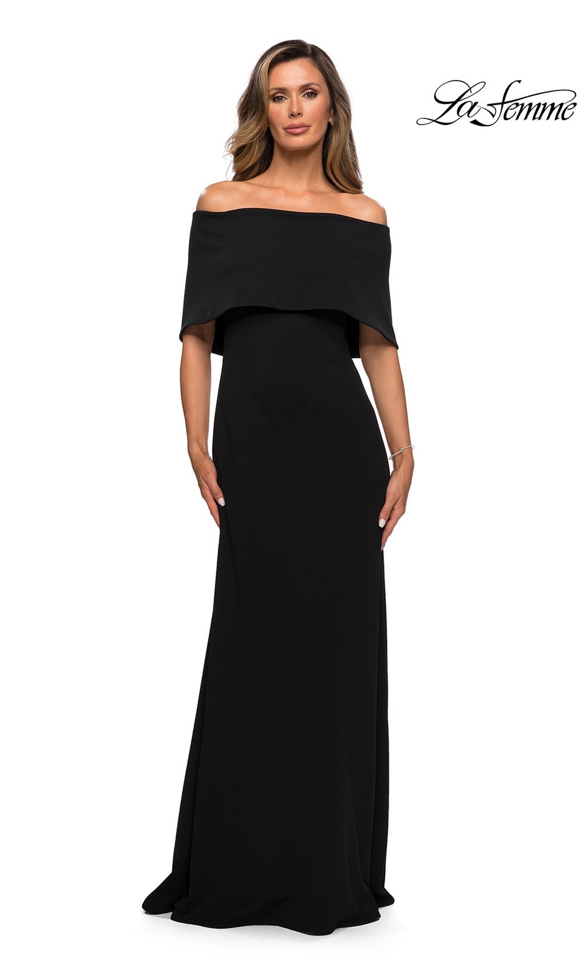 A woman wearing a black, off-the-shoulder floor-length Long Formal Dress: La Femme 28209.