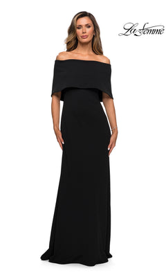 A woman wearing a black, off-the-shoulder floor-length Long Formal Dress: La Femme 28209.
