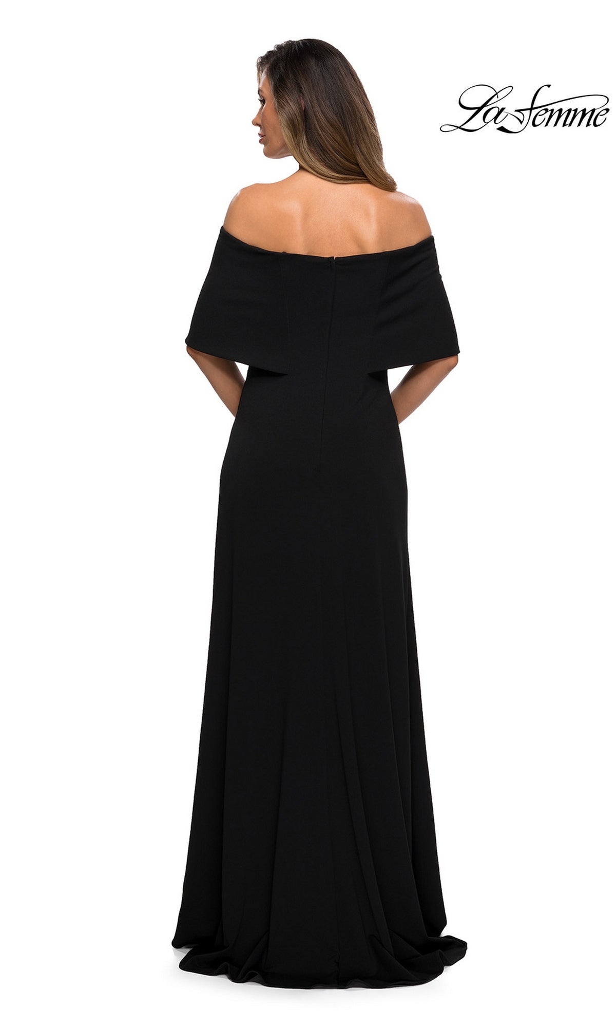 Back view of a woman wearing a floor-length black off-the-shoulder formal gown with a folded neckline, style Long Formal Dress: La Femme 28209.