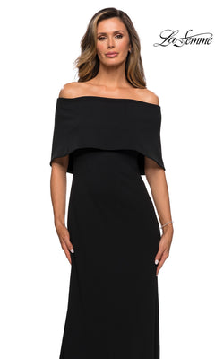 Woman wearing a black, off-the-shoulder, floor-length La Femme 28209 formal gown.