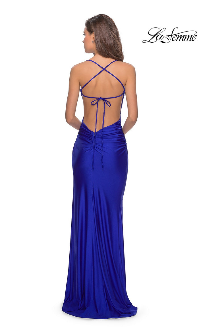 La Femme Sleek Long Lace-Up Prom Dress 28296
