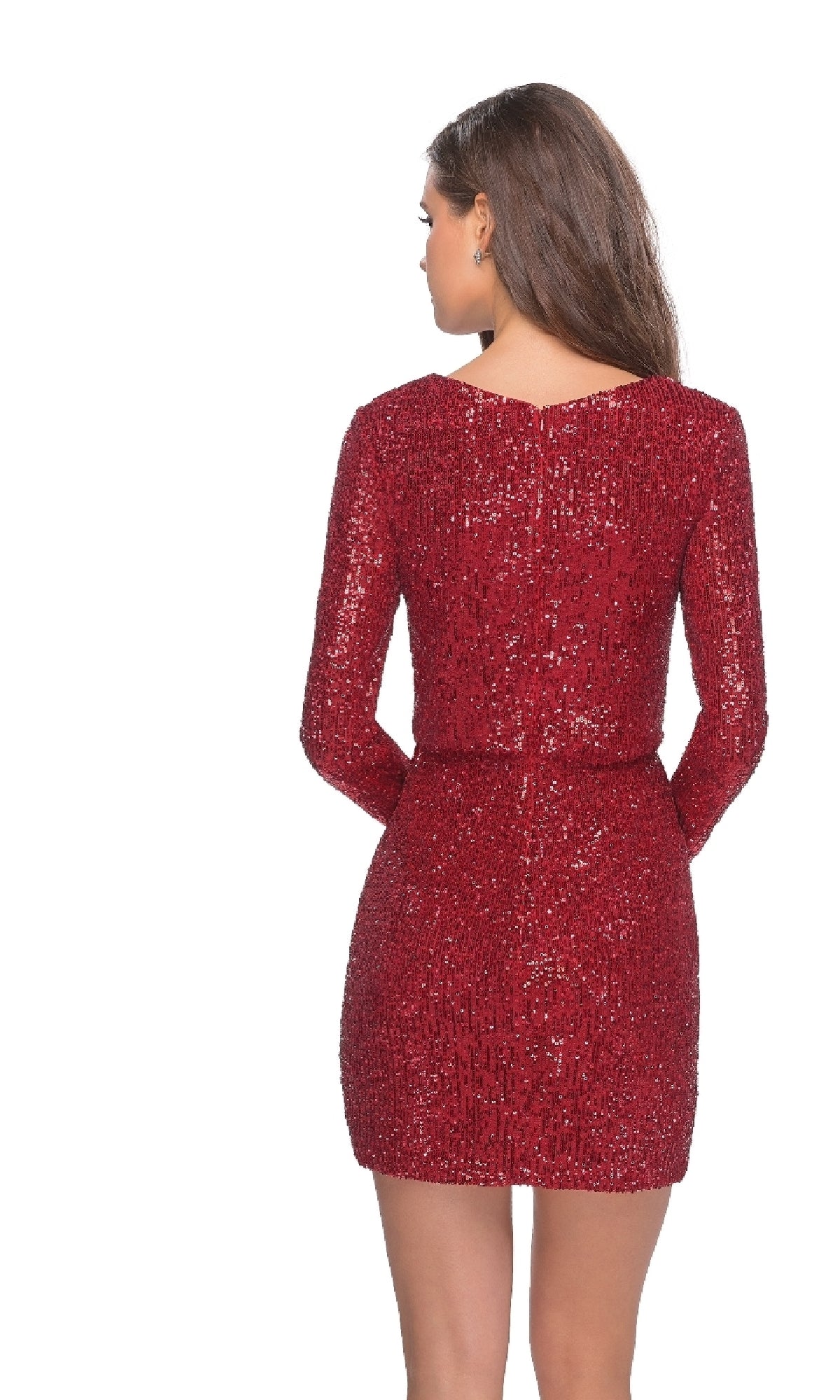 A woman stands with her back to the camera, wearing the La Femme 28316 Long Sleeve Sequin Cocktail Dress in vibrant red, shown against a white background.