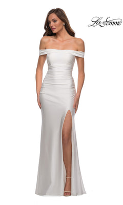 Woman modeling the La Femme Strappy-Back Tight Long Prom Dress 28506—an elegant, fitted off-the-shoulder gown with a thigh-high slit and floor-length skirt. "La Femme" logo appears in the top right corner.