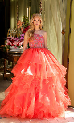A woman in a breathtaking one-shoulder prom ball gown, Ava Presley 28575.