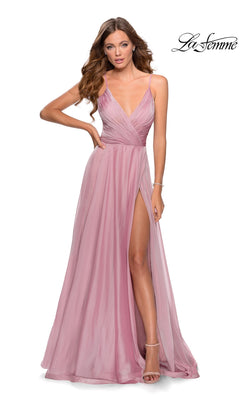 A floor-length mauve sleeveless La Femme 28611 gown featuring a pleated surplice bodice, deep V-neckline, and an A-line skirt with a high leg slit.