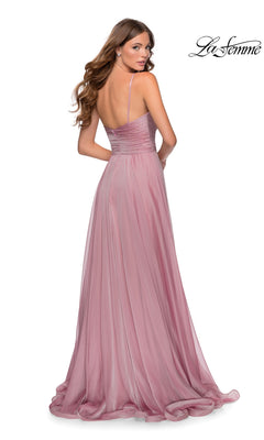 Back view of the Long Prom Dress: La Femme 28611, a floor-length, mauve-pink chiffon gown featuring a pleated surplice bodice and thin spaghetti straps.