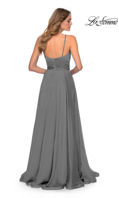 Back view of a grey Long Prom Dress: La Femme 28611, featuring a pleated surplice bodice, thin spaghetti straps, and an A-line floor-length skirt.