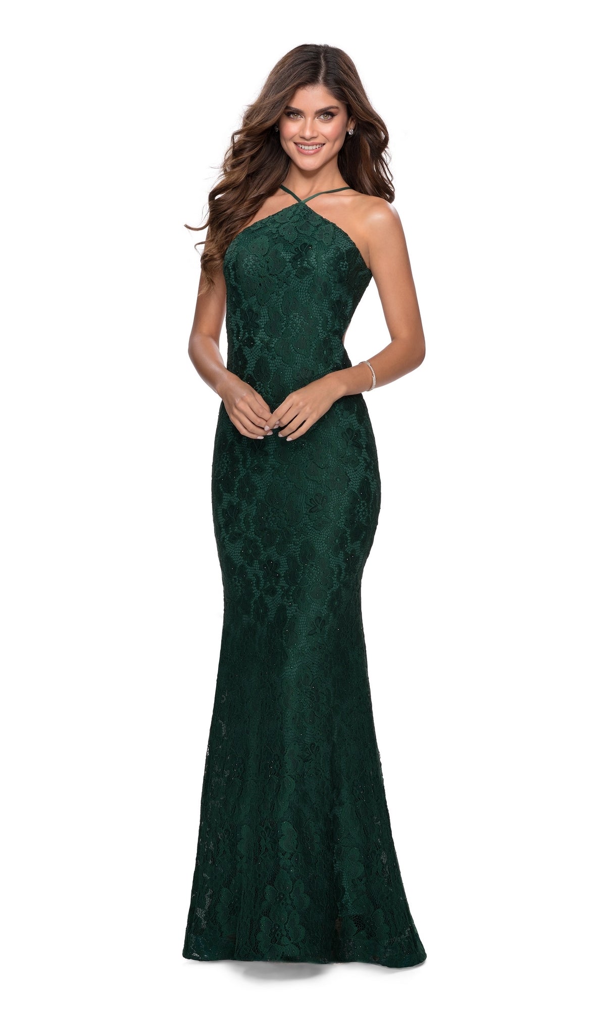 High-Neck Backless Lace Prom Dress: La Femme 28619