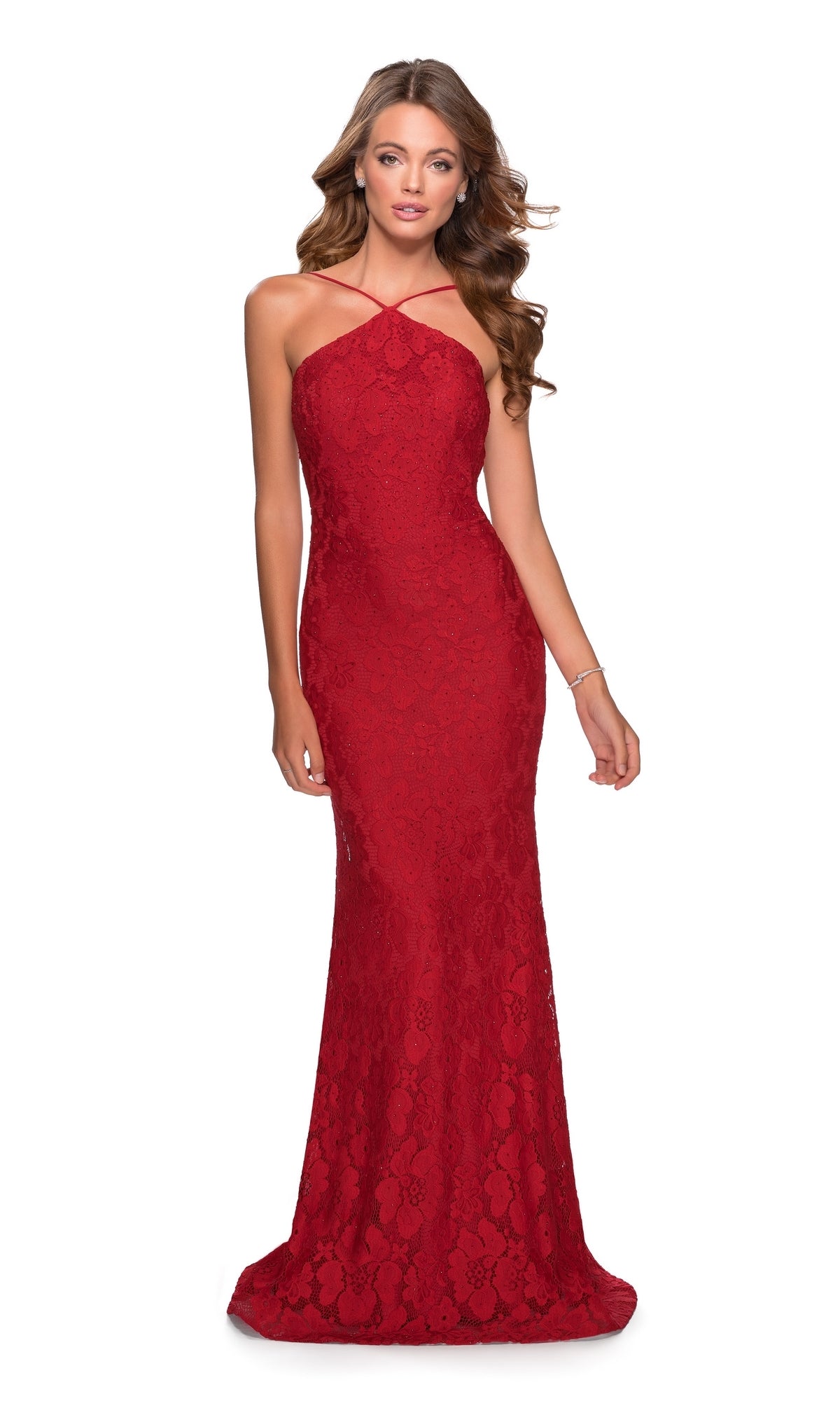 High-Neck Backless Lace Prom Dress: La Femme 28619