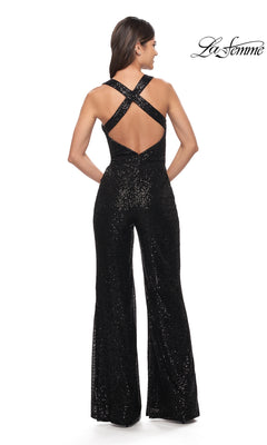 A woman in the La Femme Long Sequin Prom Jumpsuit 28719.