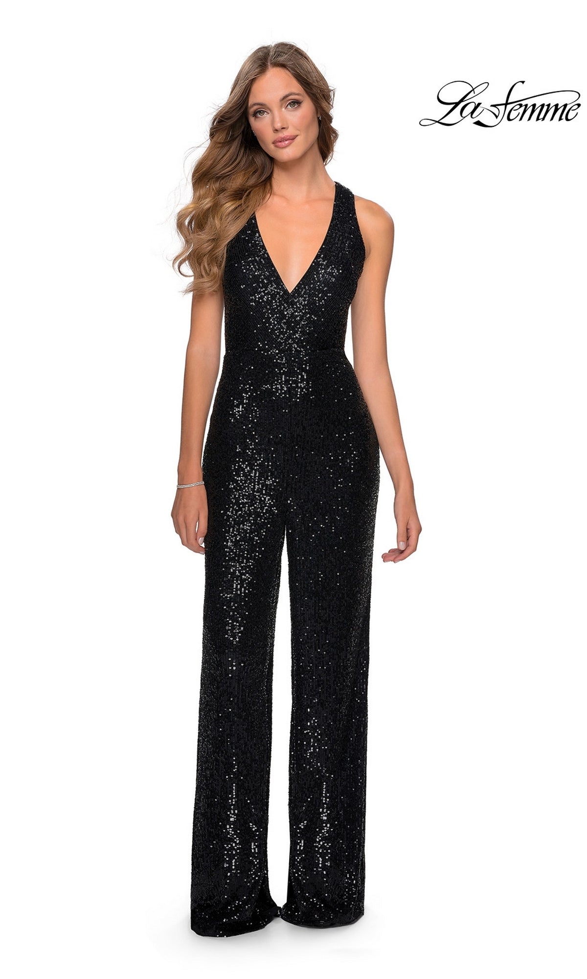 Long Sequin Prom Jumpsuit with Strappy Open Back