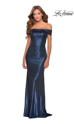 Navy blue La Femme 28740 off-the-shoulder floor-length gown with a fitted bodice and a flared skirt.