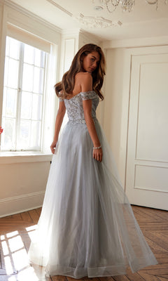 knee length dresses for ladies Off-The-Shoulder Long Prom Dress with A-Line Skirt Silver / XLarge