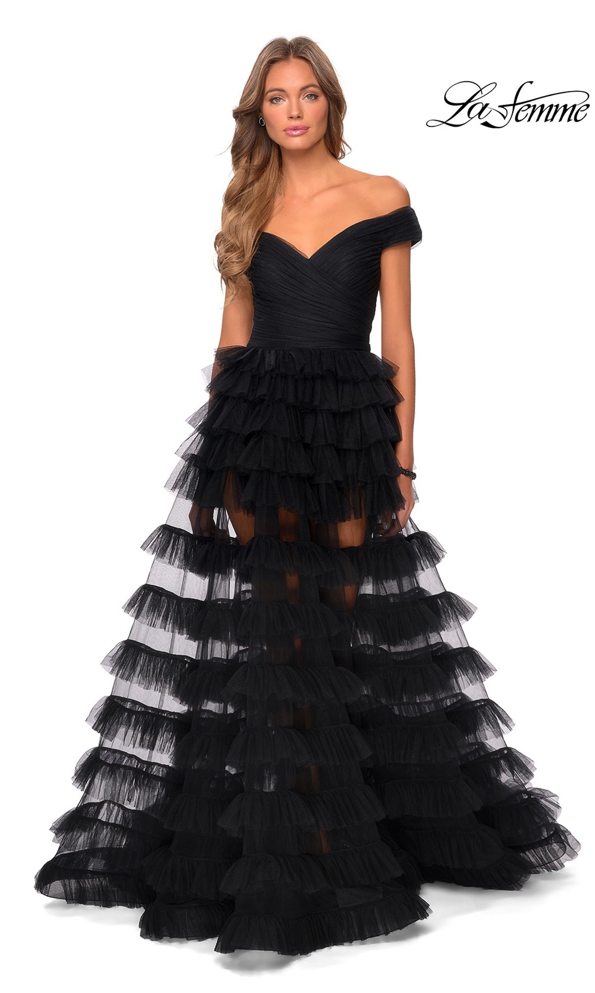 Black La Femme 28804 off-the-shoulder long prom dress with a ruched bodice and a tiered tulle skirt.