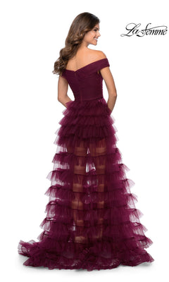 La Femme 28804 long prom dress in burgundy, featuring an off-the-shoulder neckline, fitted bodice, and a high-low skirt with tiered tulle ruffles.
