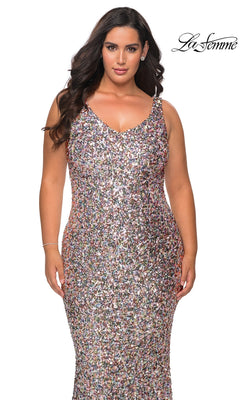 A woman wears the Long Plus-Size Prom Dress: La Femme 28863, a sleeveless, floor-length V-neck gown covered in multicolored iridescent sequins.