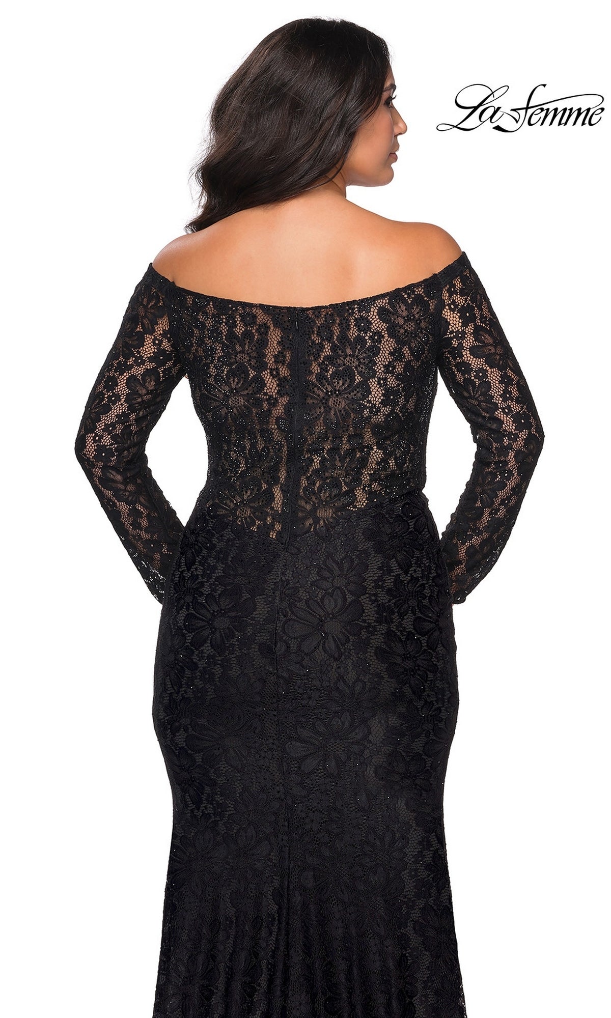 Back view of the Long Plus-Size Prom Dress: La Femme 28945, a floor-length, off-the-shoulder black lace dress with long sleeves and an all-over patterned design.