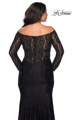 Back view of the Long Plus-Size Prom Dress: La Femme 28945, a floor-length, off-the-shoulder black lace dress with long sleeves and an all-over patterned design.