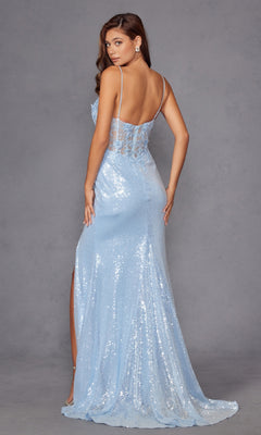 A woman wears the Embroidered-Corset Long Sequin Prom Dress 289, a light blue, floor-length gown with thin straps and an open back, standing against a plain gray background.