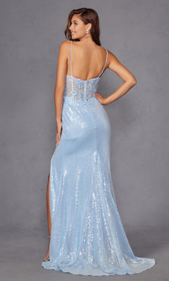A woman poses with her back to the camera in the Embroidered-Corset Long Sequin Prom Dress 289, a light blue, floor-length gown featuring sequins, thin straps, lace details, and a high slit against a gray background.