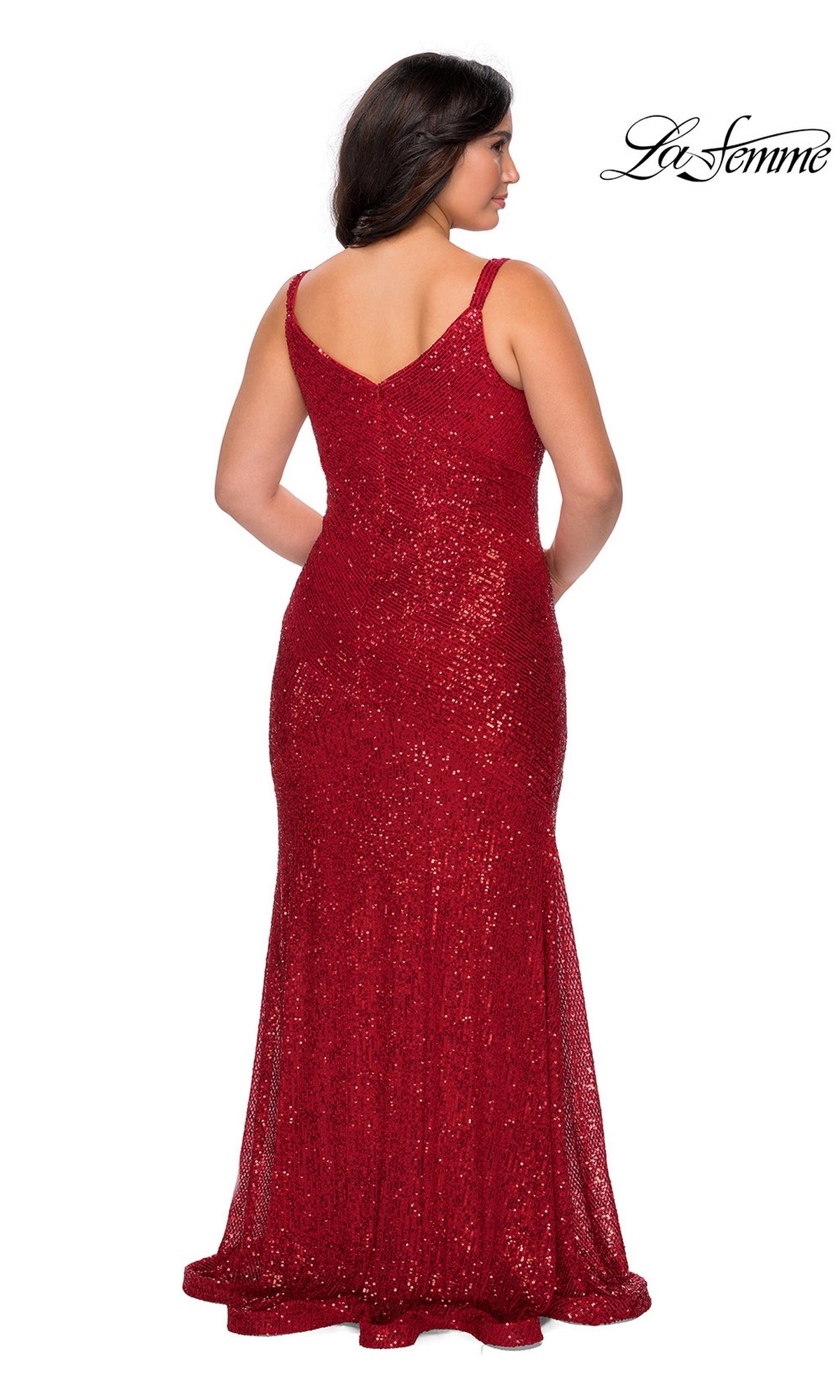 Back view of the Long Plus-Size Prom Dress: La Femme 29006, a floor-length red sequin gown with spaghetti straps and a V-neckline.