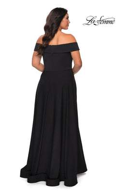 Woman wearing Long Plus-Size Prom Dress: La Femme 29007, an off-the-shoulder, floor-length A-line gown with fitted bodice, viewed from the back. “La Femme” logo top right.