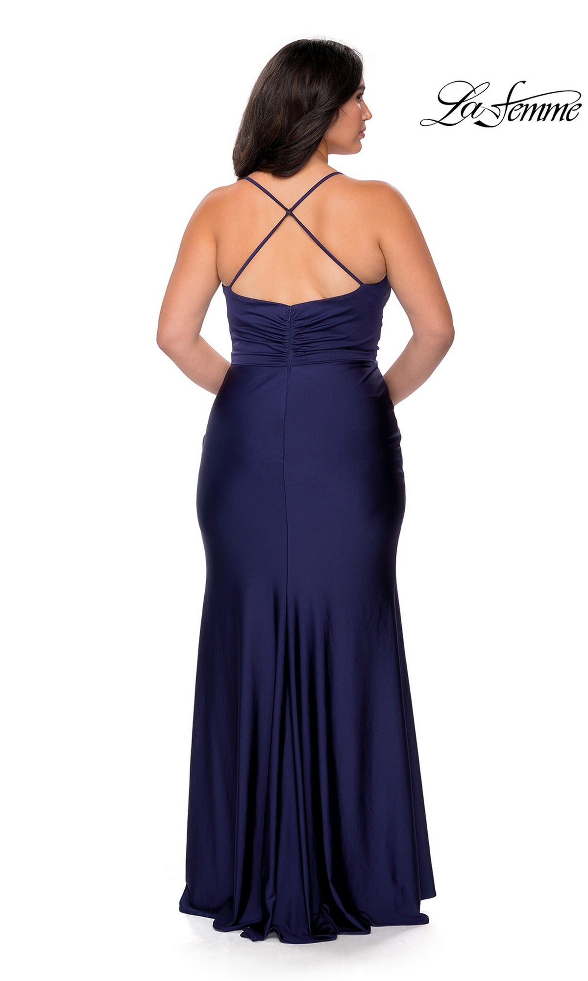 Back view of the Long Plus-Size Prom Dress: La Femme 29022, a navy blue sleeveless floor-length evening gown with a ruched bodice and crisscross straps in stretch jersey.