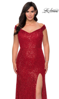 La Femme 29023 plus-size off-the-shoulder red sequin prom dress with a leg slit.