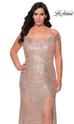 La Femme 29023 off-the-shoulder, rose gold sequin floor-length plus-size prom dress with a high side slit.