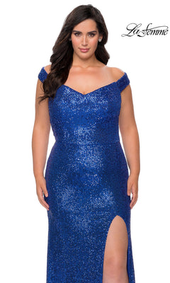 Long Plus-Size Prom Dress: La Femme 29023, a floor-length blue sequin evening gown with an off-the-shoulder neckline and a side leg slit.