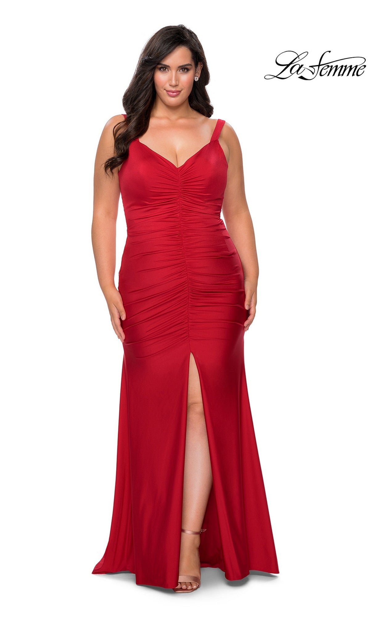 Long Plus-Size Prom Dress: La Femme 29027 in red, featuring a floor-length V-neck bodice, gathered detailing, and a front thigh-high slit.