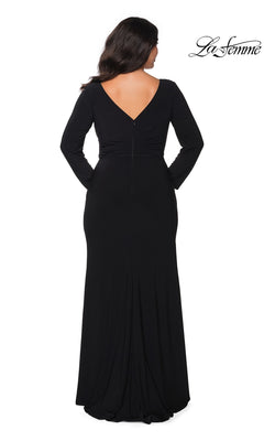 Back view of the Long Plus-Size Prom Dress: La Femme 29044, a long-sleeve evening gown with a faux wrap bodice and a V-neckline.