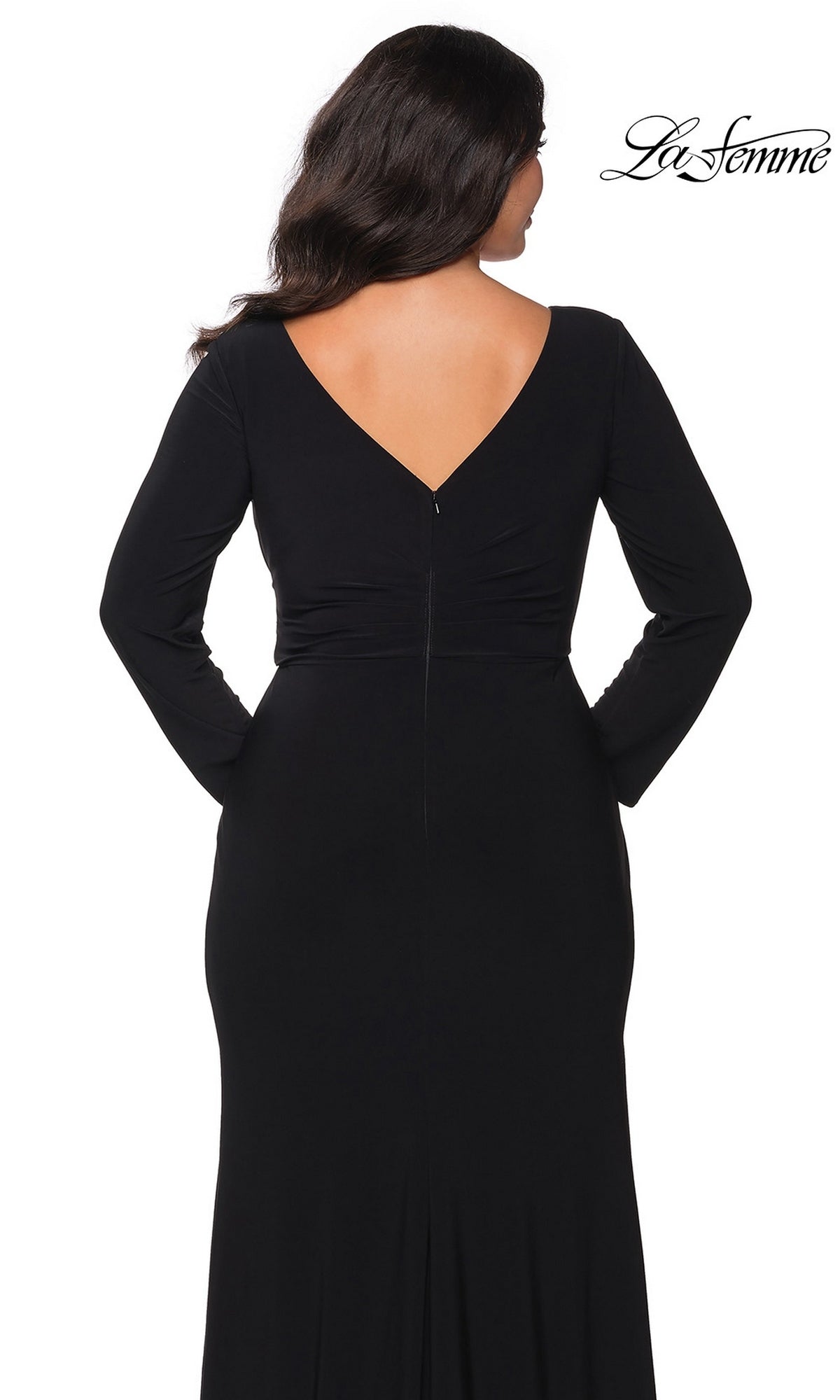 Back view of a black Long Plus-Size Prom Dress: La Femme 29044, a floor-length gown featuring a long-sleeve, faux wrap bodice and a V-neckline.