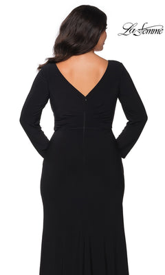 Back view of a black Long Plus-Size Prom Dress: La Femme 29044, a floor-length gown featuring a long-sleeve, faux wrap bodice and a V-neckline.