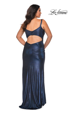 Back view of the Long Plus-Size Prom Dress: La Femme 29053, a navy metallic jersey gown featuring a floor-length silhouette with a scoop neckline and an open cutout back.