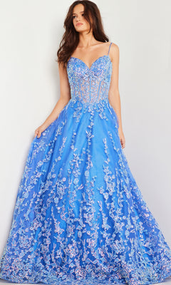 A woman wears the Long Prom Dress 29072 by Jovani, a turquoise blue ball gown with floral sequin embroidery, fitted bodice, thin straps, and a flared skirt, standing against a plain light background.