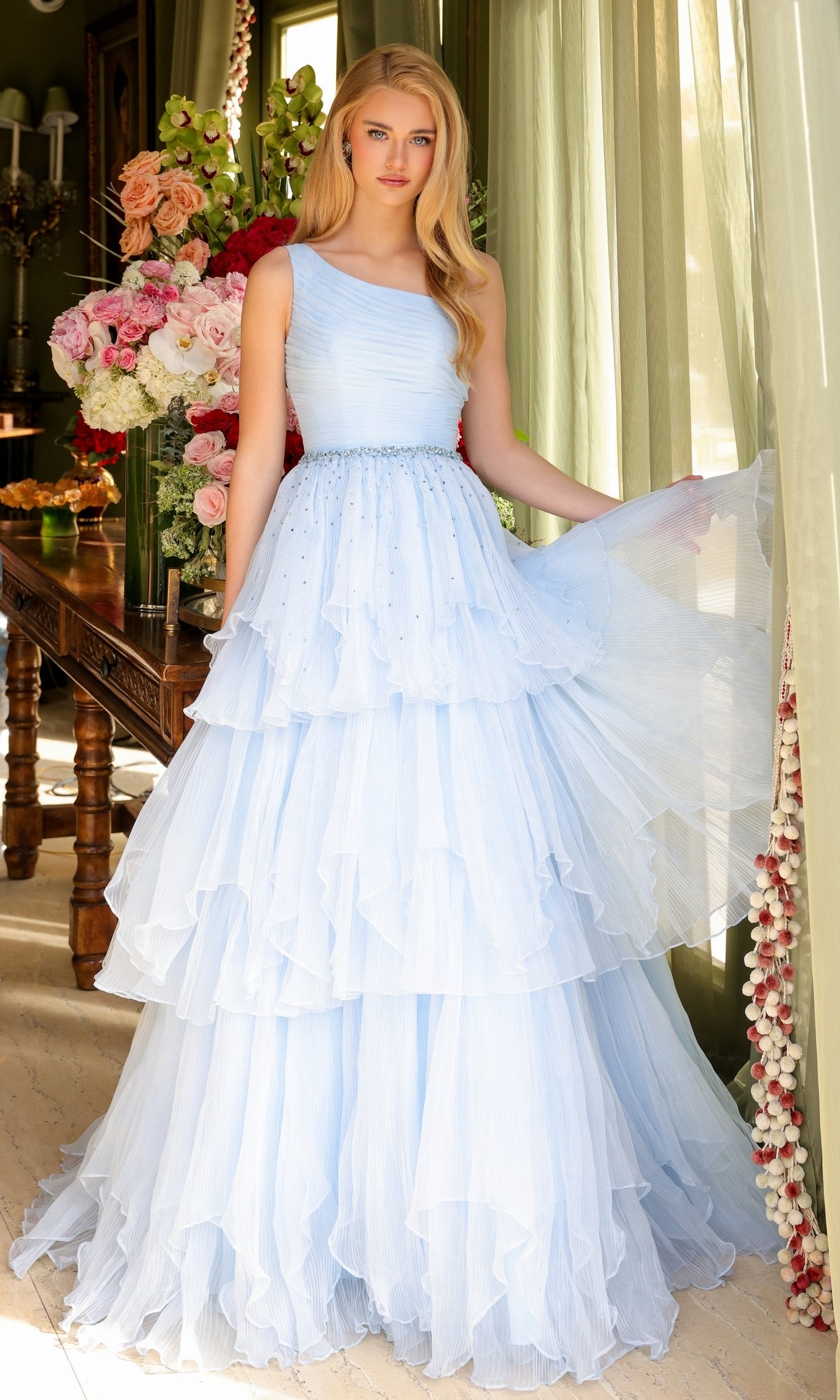 One-Shoulder Long Prom Dress with Ruffled Tiers PromGirl One-Shoulder Long Prom Dress with Ruffled Tiers PromGirl