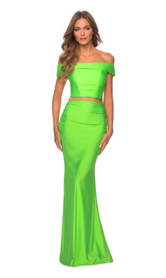 Off-the-Shoulder Two-Piece Bright Neon Prom Dress Neon Green / 00 Off-the-Shoulder Two-Piece Bright Neon Prom Dress Neon Green / 00