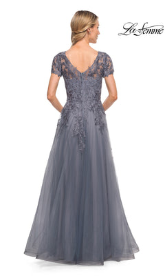 Back view of the grey La Femme 29164 floor-length mother-of-the-bride dress, featuring short lace sleeves and an embroidered bodice.