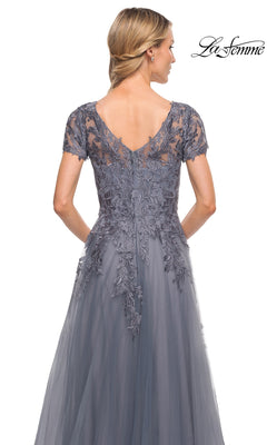 Back view of a grey short-sleeved La Femme 29164 mother-of-the-bride dress with a V-neckline and a lace bodice featuring intricate floral embroidery.