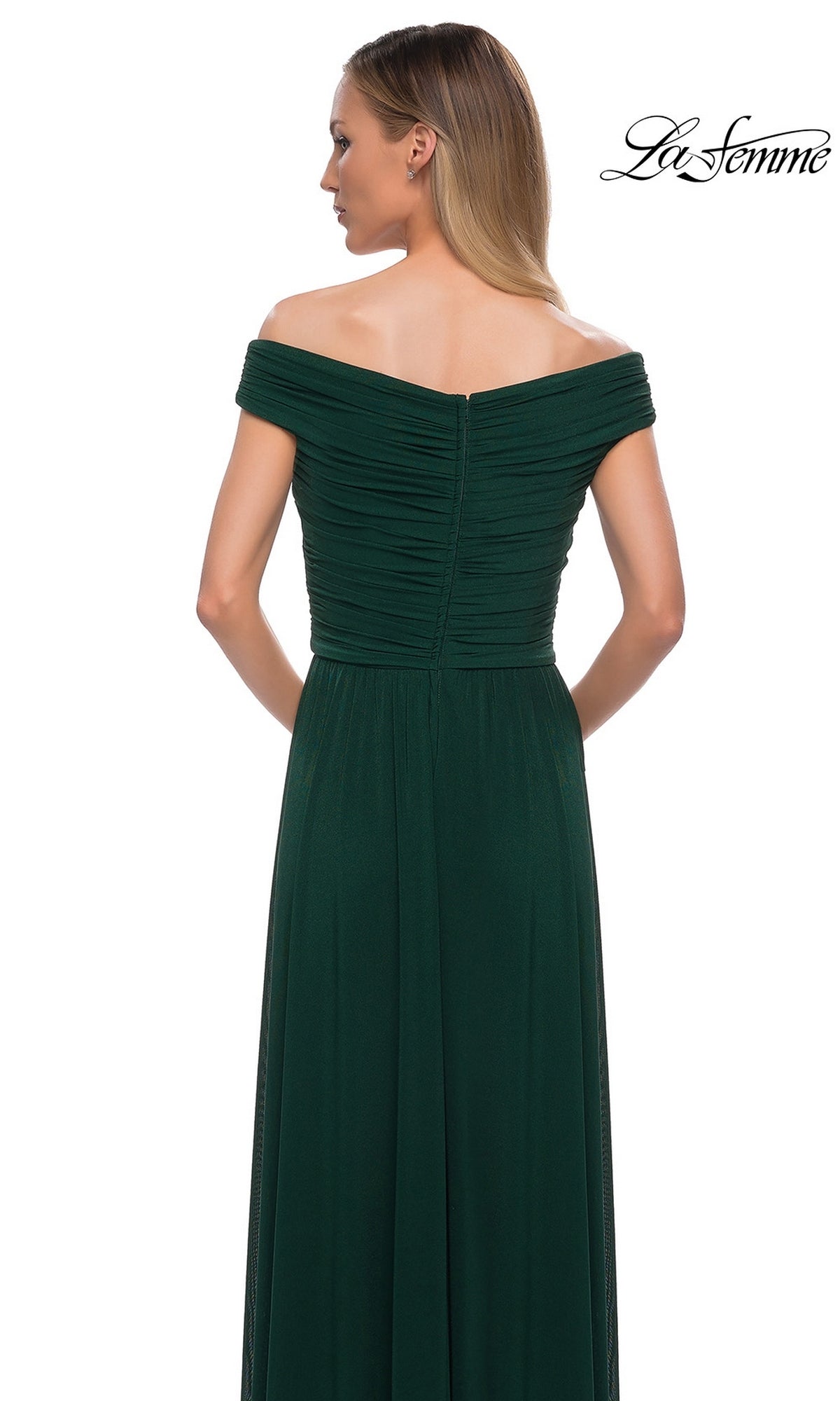 A woman wears the Long Formal Dress: La Femme 29168—an off-the-shoulder, dark green, floor-length A-line gown—shown from the back on a white background.