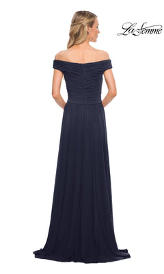 Woman in loose waves wears the Long Formal Dress: La Femme 29168—an off-the-shoulder, floor-length A-line gown. “La Femme” logo appears at top right.