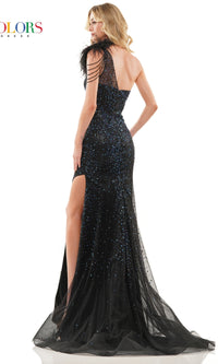 Feathered One-Shoulder Long Beaded Prom Dress 2916