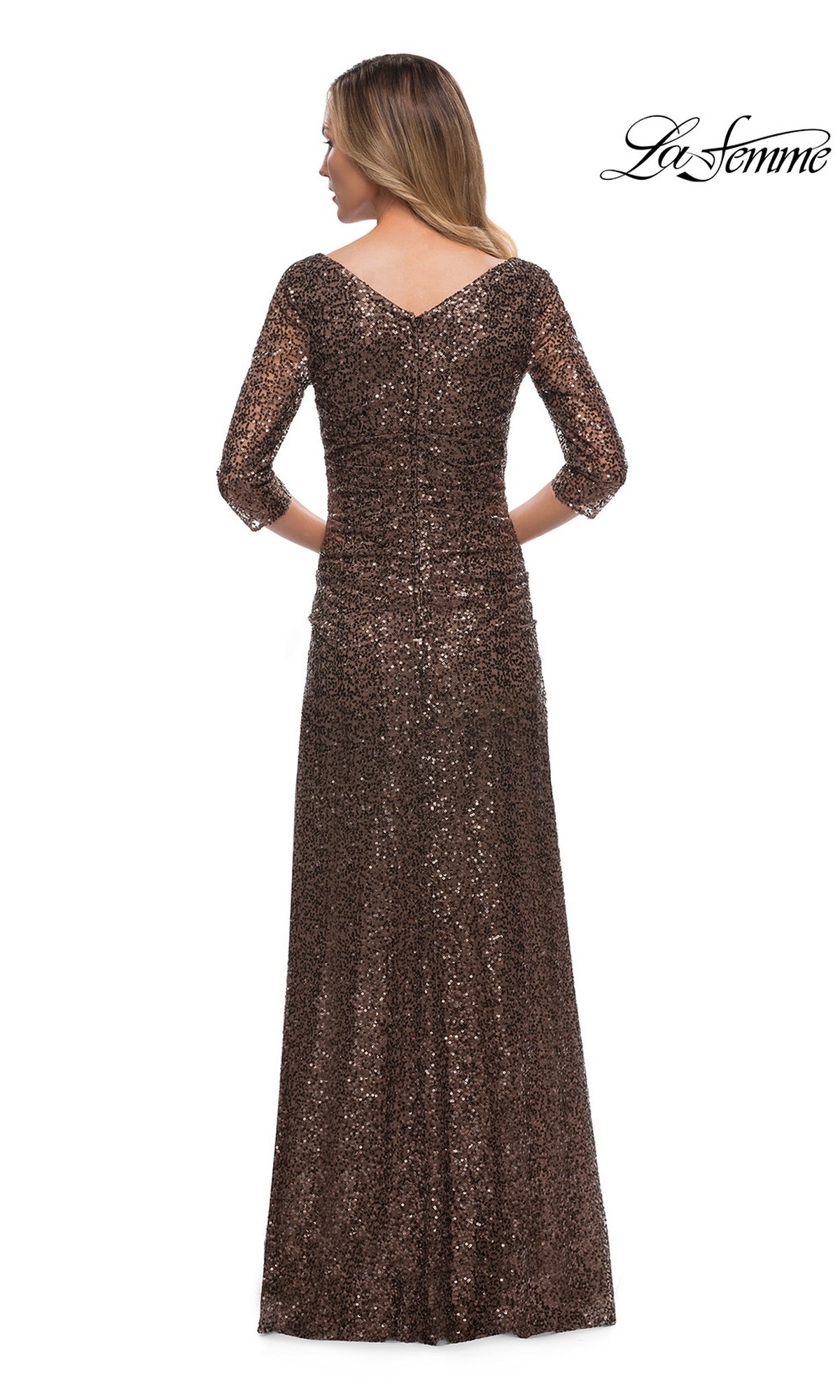 Woman in a brown sequin Long Formal Dress: La Femme 29195 with three-quarter sleeves, fitted sheath style, shown from the back on white. “La Femme” logo top right.