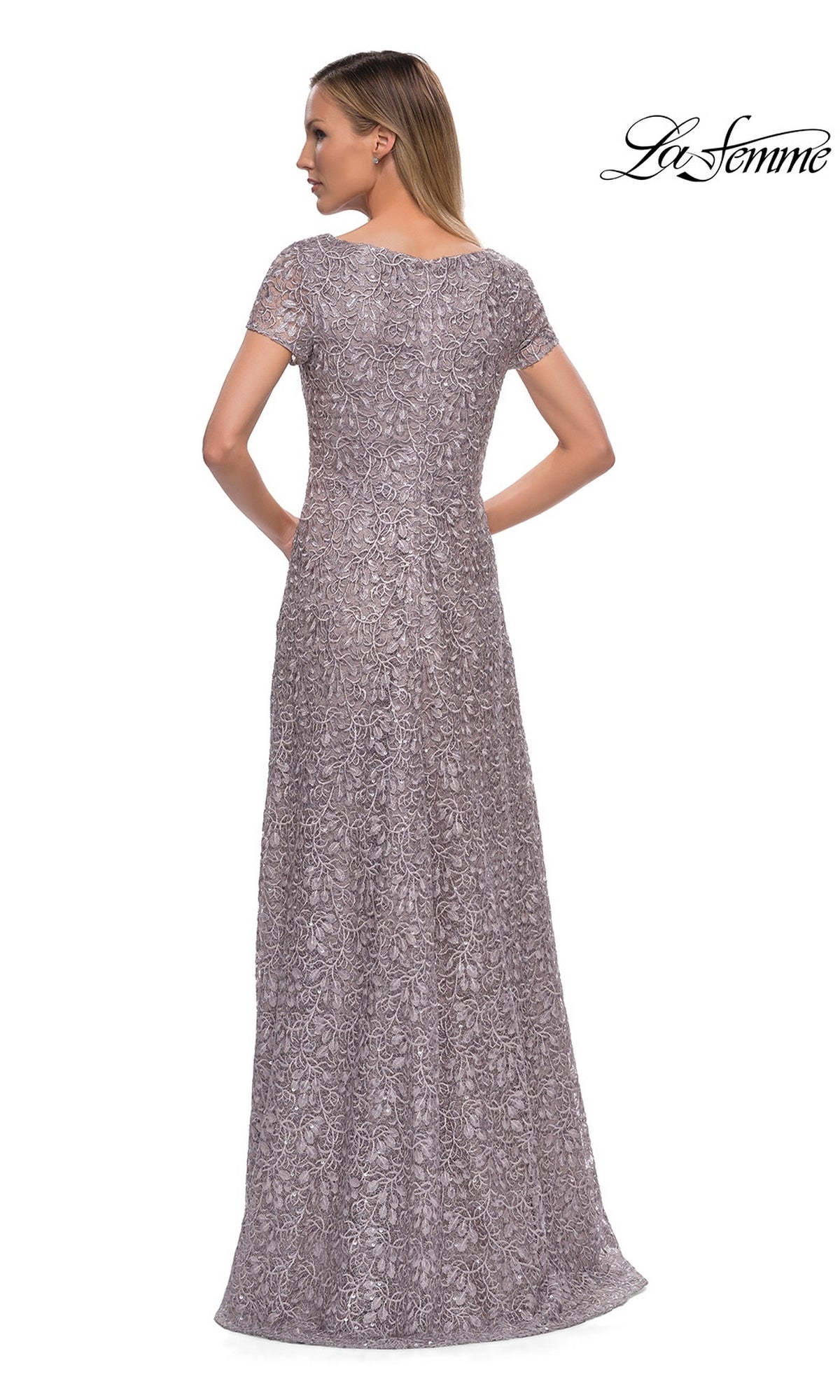 Back view of a floor-length dark mauve lace Long Formal Dress: La Femme 29198 with short sleeves and a scoop neckline.