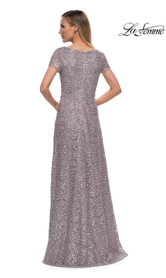 Back view of a floor-length dark mauve lace Long Formal Dress: La Femme 29198 with short sleeves and a scoop neckline.